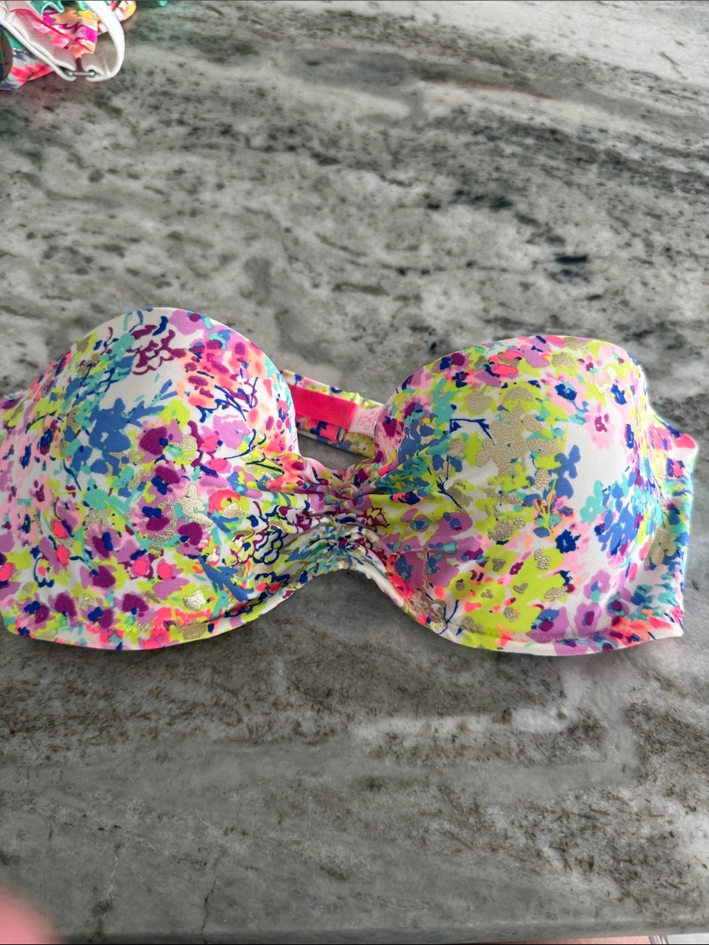 Colorful Floral Strapless Bikini Top - Neon Multi 34B